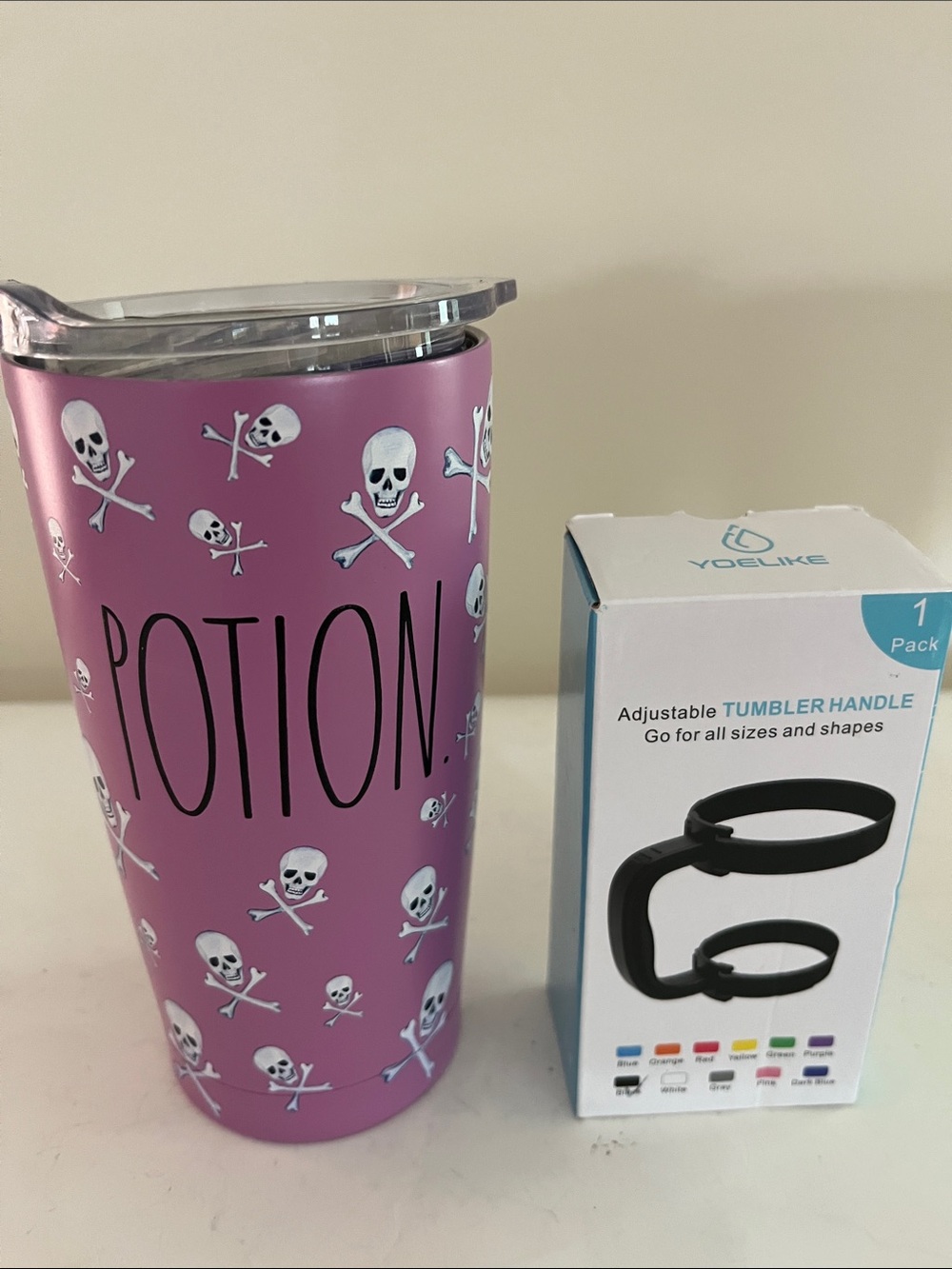 Rae Dunn Pink "POTION" Skull  Aluminum Tumbler with adjustable tumbler handle